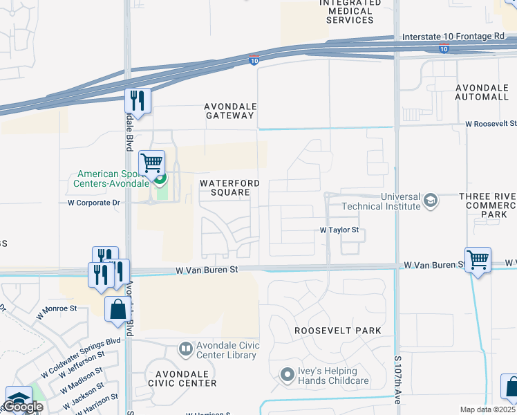 map of restaurants, bars, coffee shops, grocery stores, and more near 111th Avenue in Avondale
