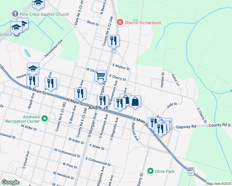 map of restaurants, bars, coffee shops, grocery stores, and more near 112 North Rosemary Avenue in Andrews