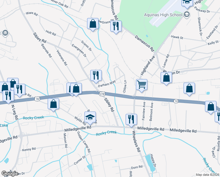 map of restaurants, bars, coffee shops, grocery stores, and more near 304-306 Dalton Lane in Augusta