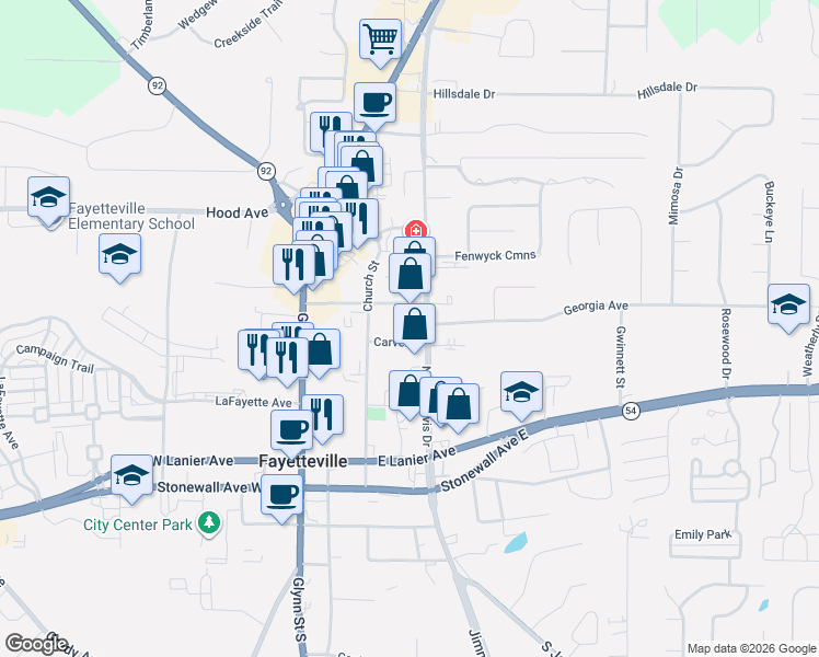 map of restaurants, bars, coffee shops, grocery stores, and more near 280 North Jeff Davis Drive in Fayetteville