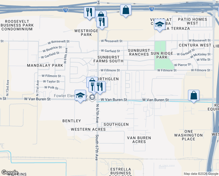 map of restaurants, bars, coffee shops, grocery stores, and more near 6605 West Polk Street in Phoenix