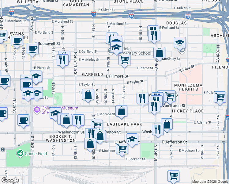 map of restaurants, bars, coffee shops, grocery stores, and more near 405 North 13th Place in Phoenix