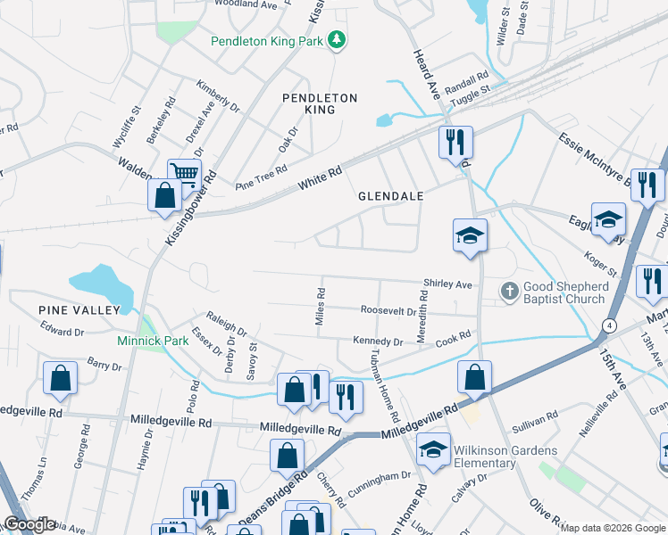 map of restaurants, bars, coffee shops, grocery stores, and more near 2117 Shirley Avenue in Augusta