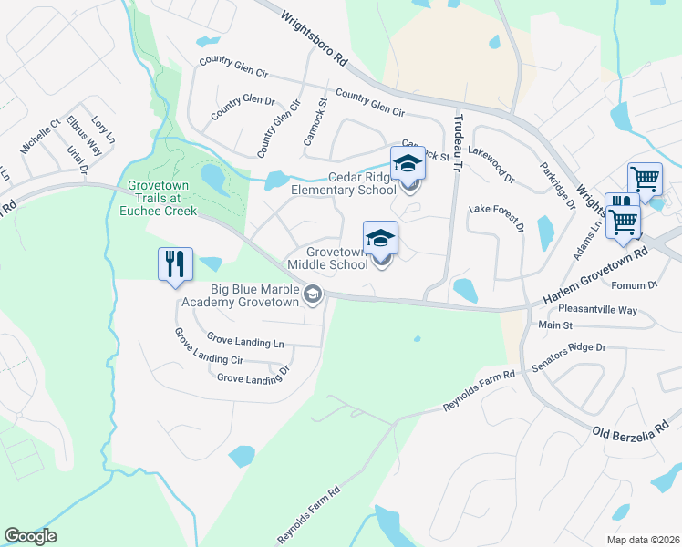 map of restaurants, bars, coffee shops, grocery stores, and more near 4027 Rosedale Place in Grovetown