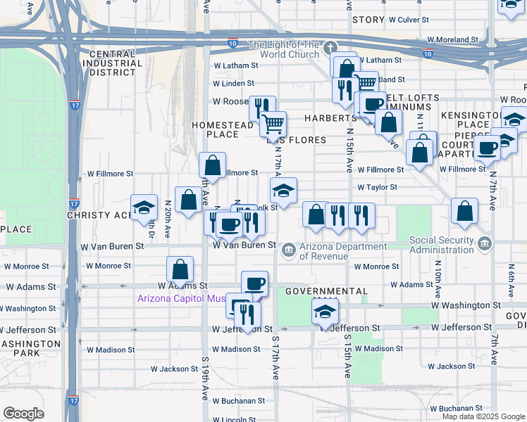 map of restaurants, bars, coffee shops, grocery stores, and more near 337 North 17th Drive in Phoenix