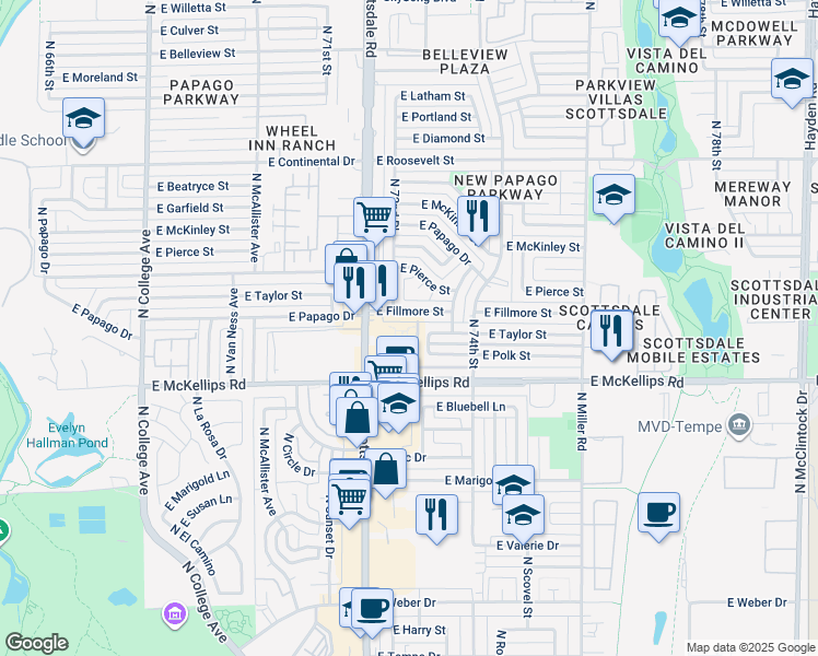 map of restaurants, bars, coffee shops, grocery stores, and more near 7220 East McKellips Road in Scottsdale