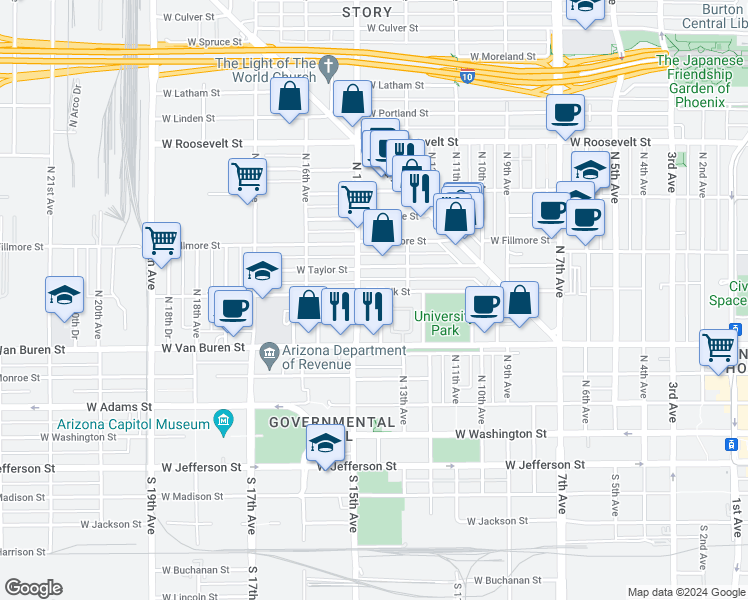 map of restaurants, bars, coffee shops, grocery stores, and more near 344 North 14th Avenue in Phoenix