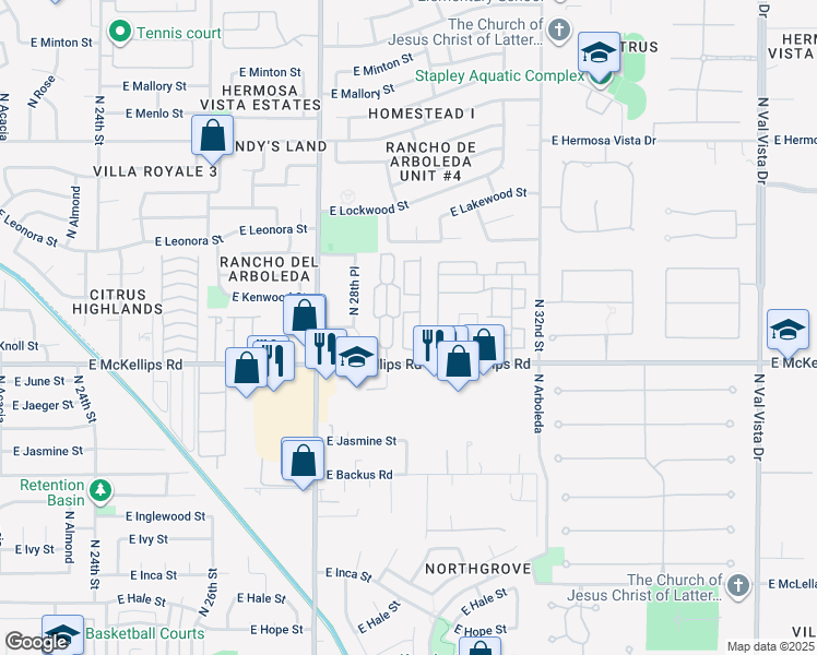 map of restaurants, bars, coffee shops, grocery stores, and more near 2049 North 29th Place in Mesa