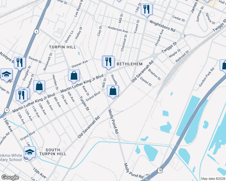 map of restaurants, bars, coffee shops, grocery stores, and more near 1123 Grant Street in Augusta