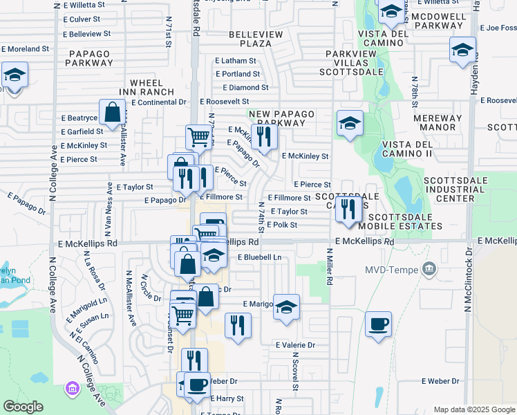 map of restaurants, bars, coffee shops, grocery stores, and more near 7338 East Taylor Street in Scottsdale