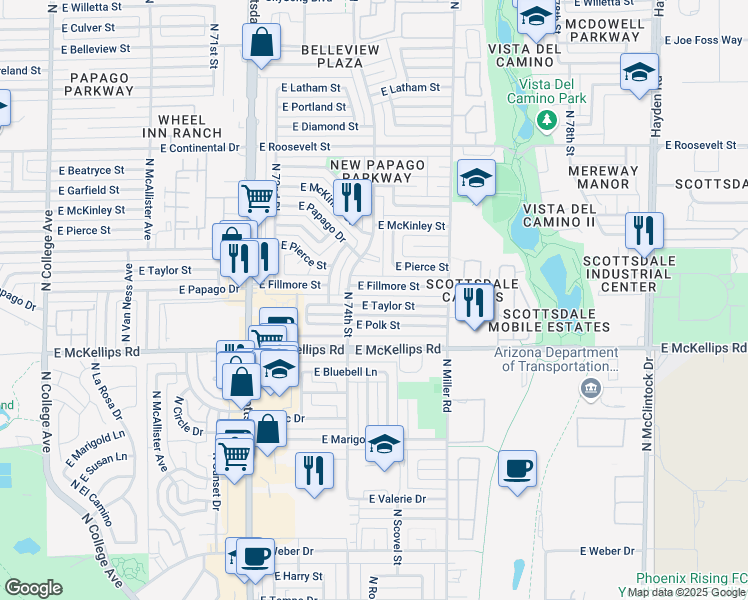 map of restaurants, bars, coffee shops, grocery stores, and more near 7426 East Taylor Street in Scottsdale