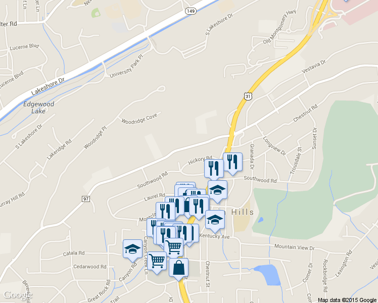 map of restaurants, bars, coffee shops, grocery stores, and more near 1977 Shades Crest Road in Vestavia Hills