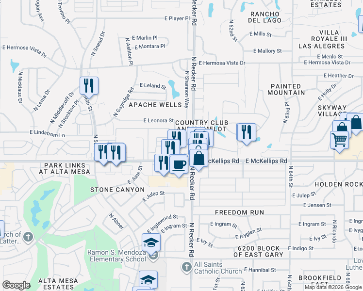 map of restaurants, bars, coffee shops, grocery stores, and more near 2044 North Recker Road in Mesa