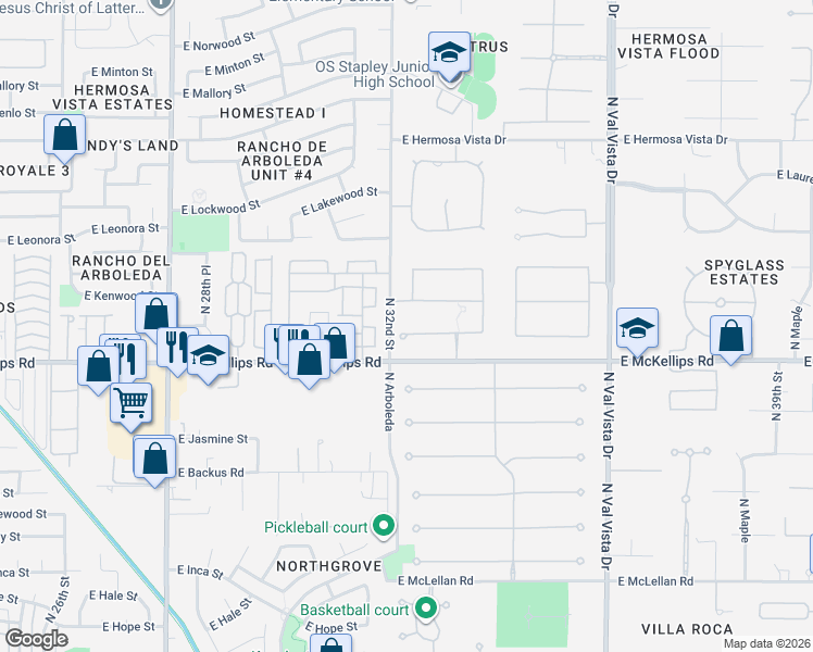 map of restaurants, bars, coffee shops, grocery stores, and more near 3218 East Knoll Circle in Mesa