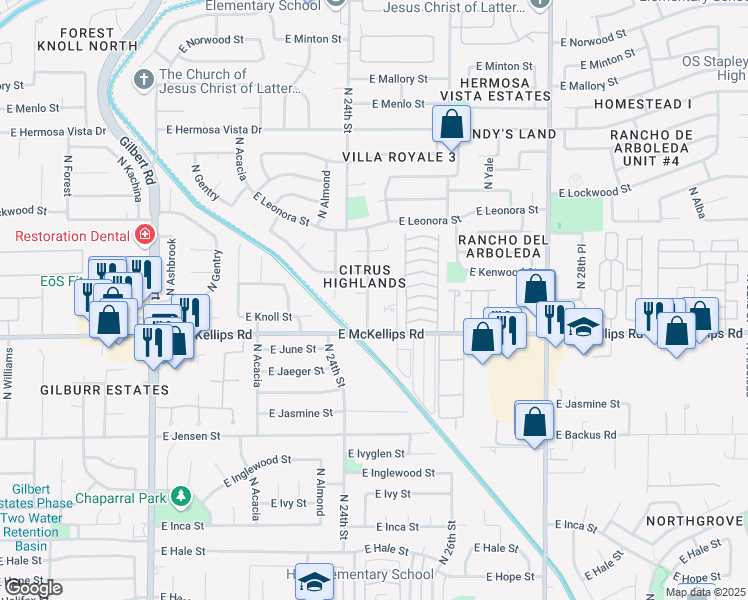 map of restaurants, bars, coffee shops, grocery stores, and more near 2045 North Winterhaven in Mesa