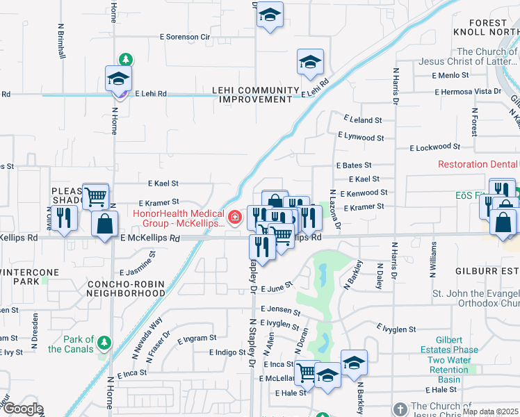 map of restaurants, bars, coffee shops, grocery stores, and more near 1222 East Kramer Circle in Mesa
