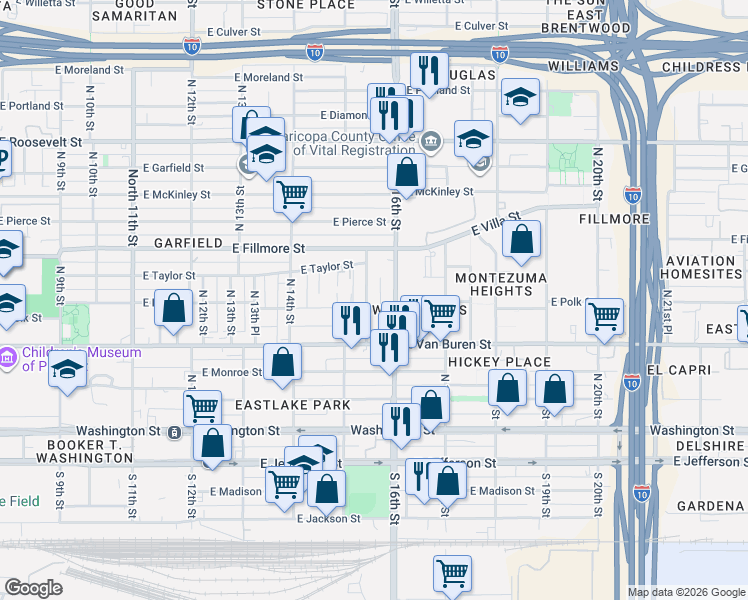 map of restaurants, bars, coffee shops, grocery stores, and more near 341 North 15th Street in Phoenix