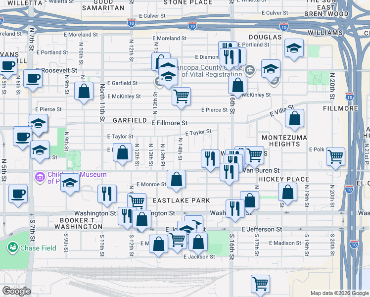 map of restaurants, bars, coffee shops, grocery stores, and more near 1420 East Polk Street in Phoenix