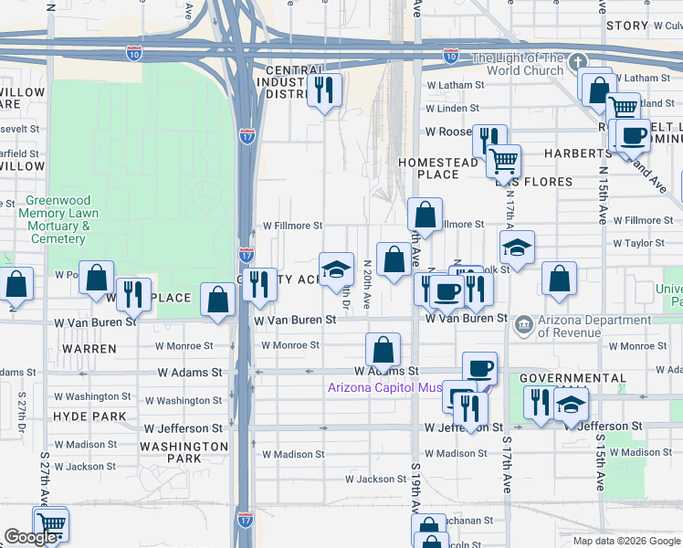 map of restaurants, bars, coffee shops, grocery stores, and more near 351 North 21st Avenue in Phoenix