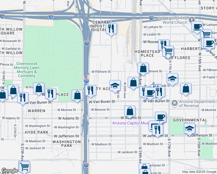 map of restaurants, bars, coffee shops, grocery stores, and more near 2130 West Van Buren Street in Phoenix
