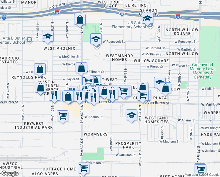 map of restaurants, bars, coffee shops, grocery stores, and more near 3312 West Polk Street in Phoenix