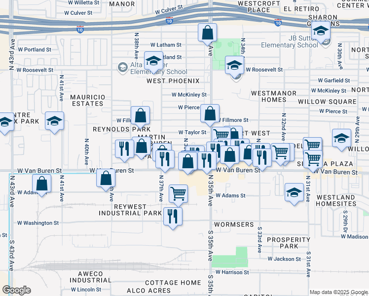 map of restaurants, bars, coffee shops, grocery stores, and more near 3605 West Polk Street in Phoenix