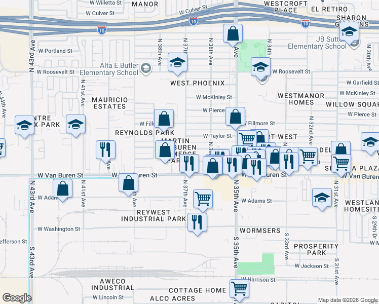 map of restaurants, bars, coffee shops, grocery stores, and more near 3645 West Polk Street in Phoenix