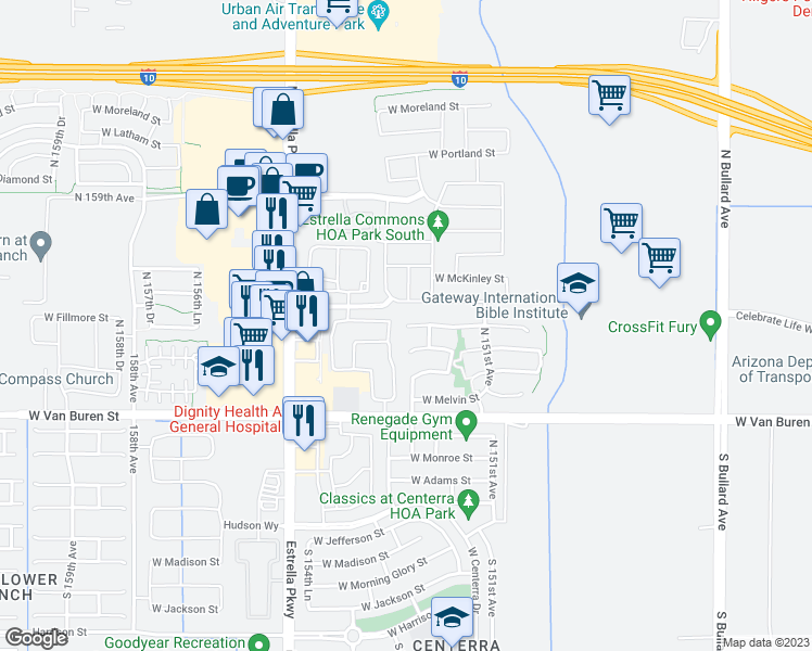 map of restaurants, bars, coffee shops, grocery stores, and more near 15236 West Fillmore Street in Goodyear