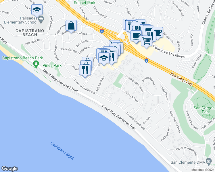 map of restaurants, bars, coffee shops, grocery stores, and more near 3441 Calle La Veta in San Clemente