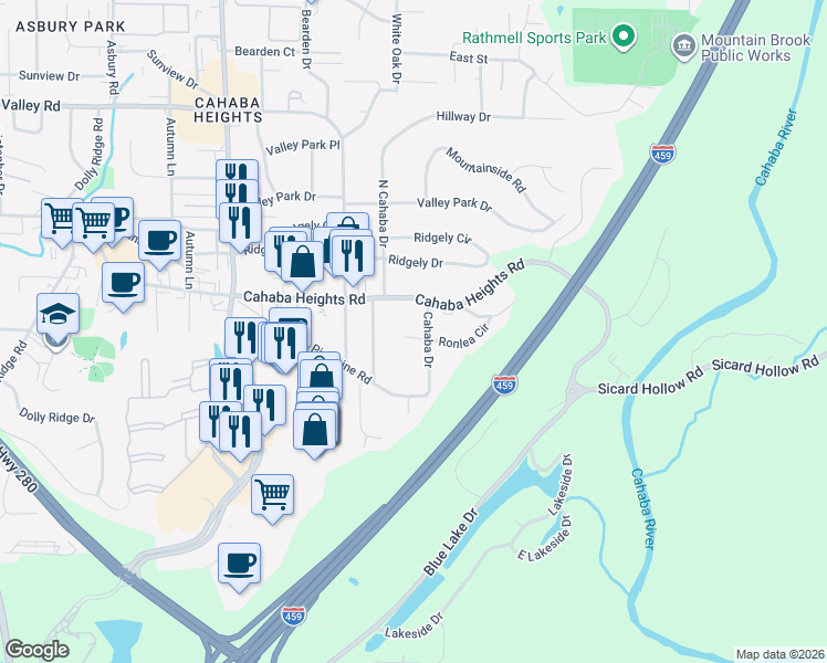 map of restaurants, bars, coffee shops, grocery stores, and more near 4220 Cahaba Drive in Vestavia Hills