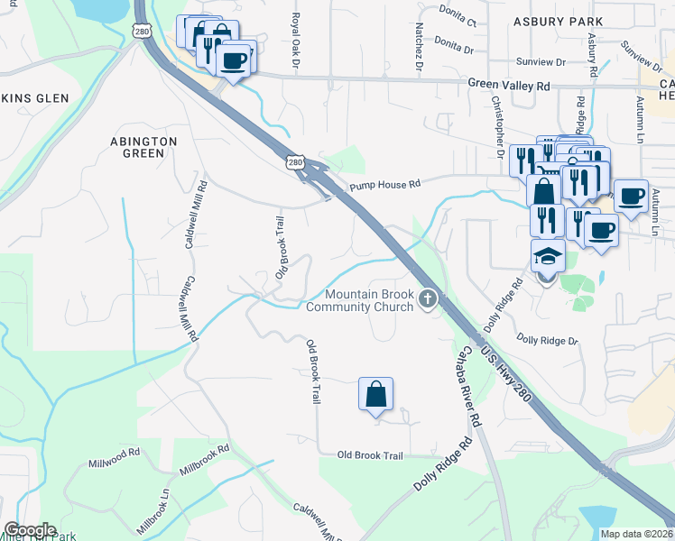 map of restaurants, bars, coffee shops, grocery stores, and more near 2205 Sterlingwood Drive in Birmingham