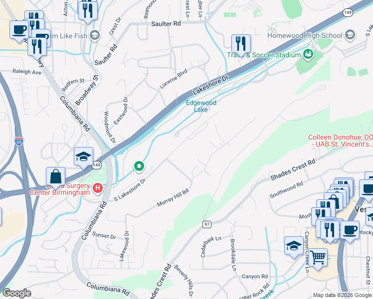 map of restaurants, bars, coffee shops, grocery stores, and more near 1813 South Lakeshore Drive in Vestavia Hills