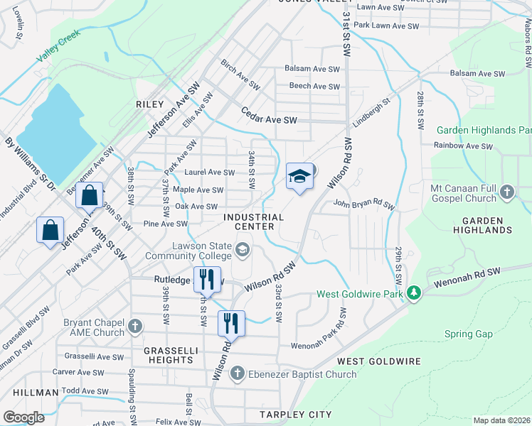 map of restaurants, bars, coffee shops, grocery stores, and more near 3304 Oak Court Southwest in Birmingham