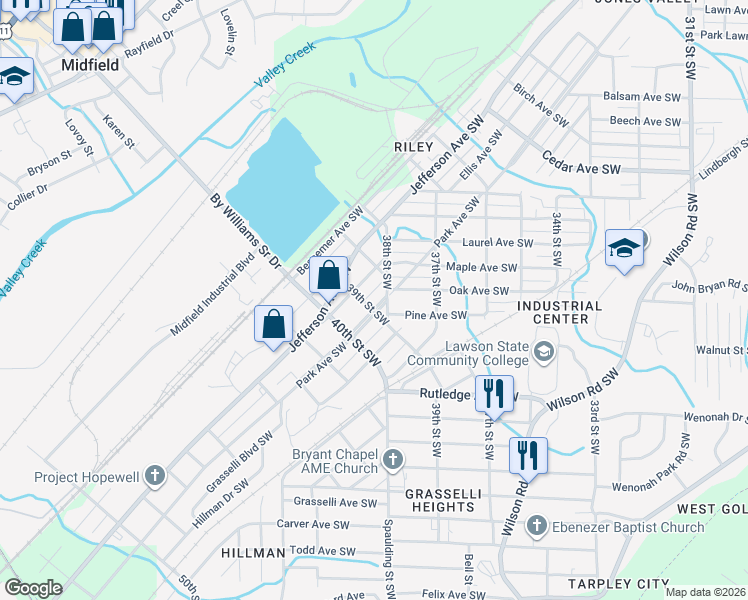 map of restaurants, bars, coffee shops, grocery stores, and more near 3812 Park Avenue Southwest in Birmingham
