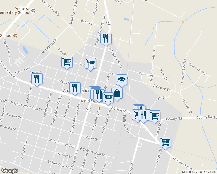 map of restaurants, bars, coffee shops, grocery stores, and more near 112 North Rosemary Avenue in Andrews