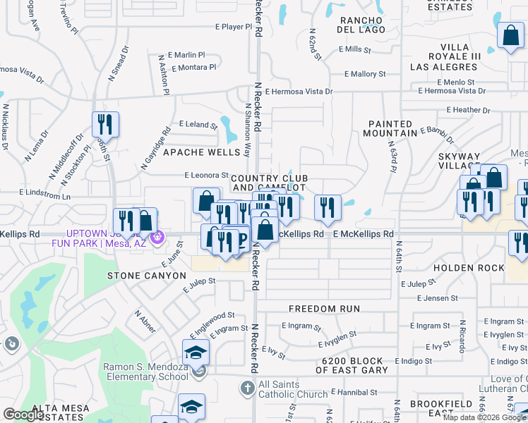 map of restaurants, bars, coffee shops, grocery stores, and more near 2041 North Recker Road in Mesa