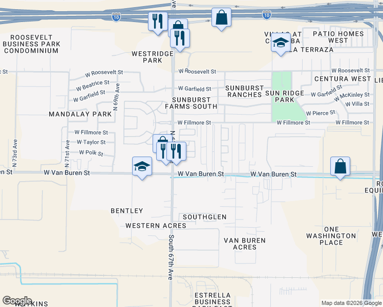 map of restaurants, bars, coffee shops, grocery stores, and more near 6605 West Polk Street in Phoenix