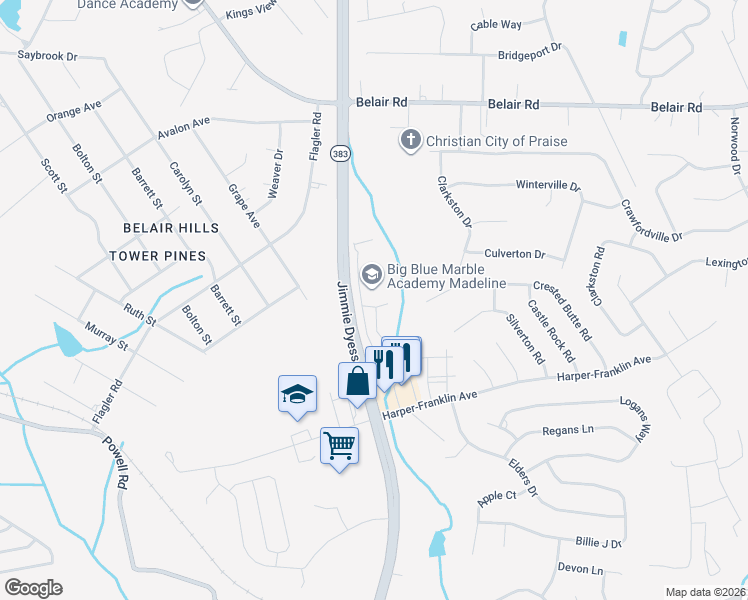 map of restaurants, bars, coffee shops, grocery stores, and more near 4120 Madeline Drive in Augusta