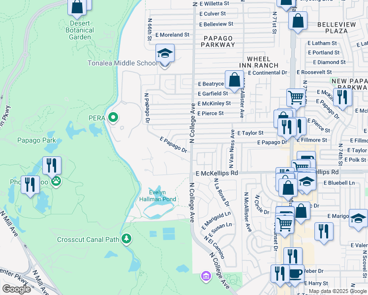 map of restaurants, bars, coffee shops, grocery stores, and more near 208 East Papago Drive in Tempe