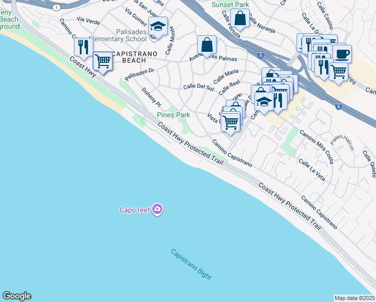 map of restaurants, bars, coffee shops, grocery stores, and more near 35001 Beach Road in Dana Point