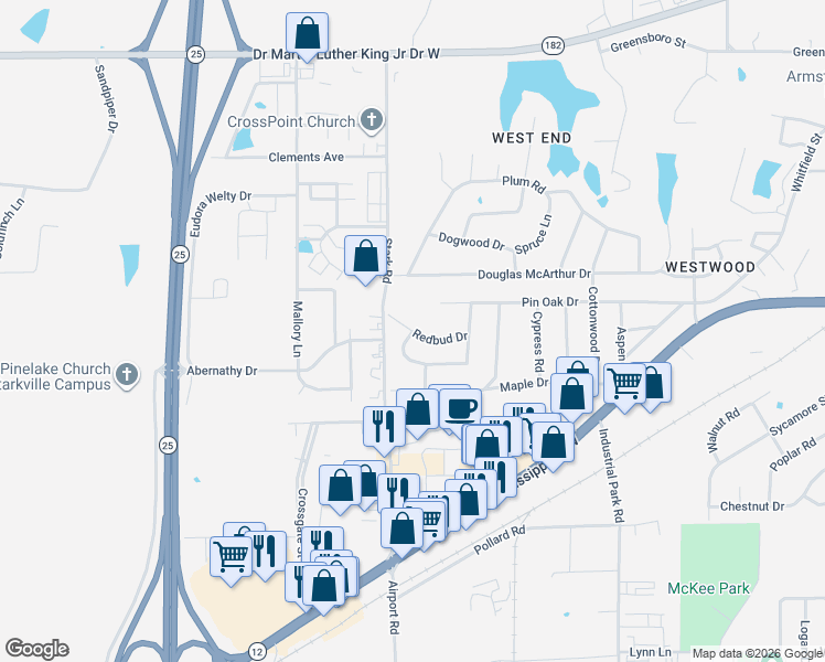map of restaurants, bars, coffee shops, grocery stores, and more near Persimmon Drive in Starkville