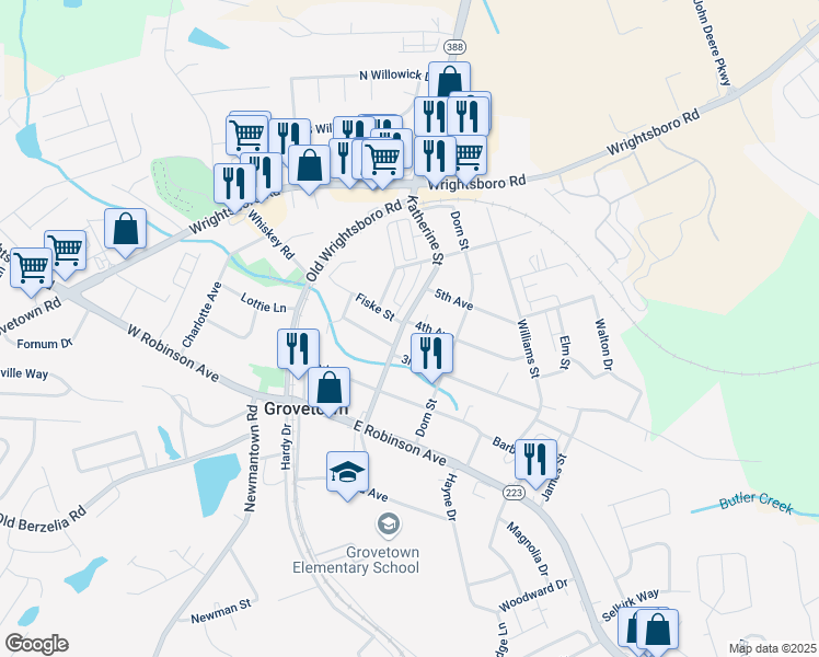 map of restaurants, bars, coffee shops, grocery stores, and more near 308 Katherine Street in Grovetown
