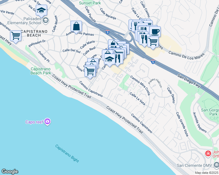 map of restaurants, bars, coffee shops, grocery stores, and more near 27061 Mill Pond Road in Dana Point