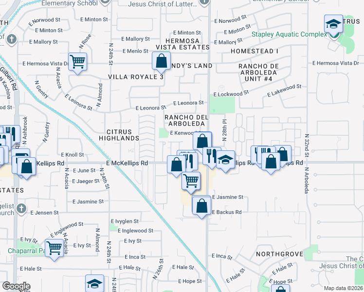 map of restaurants, bars, coffee shops, grocery stores, and more near 2732 East McKellips Road in Mesa