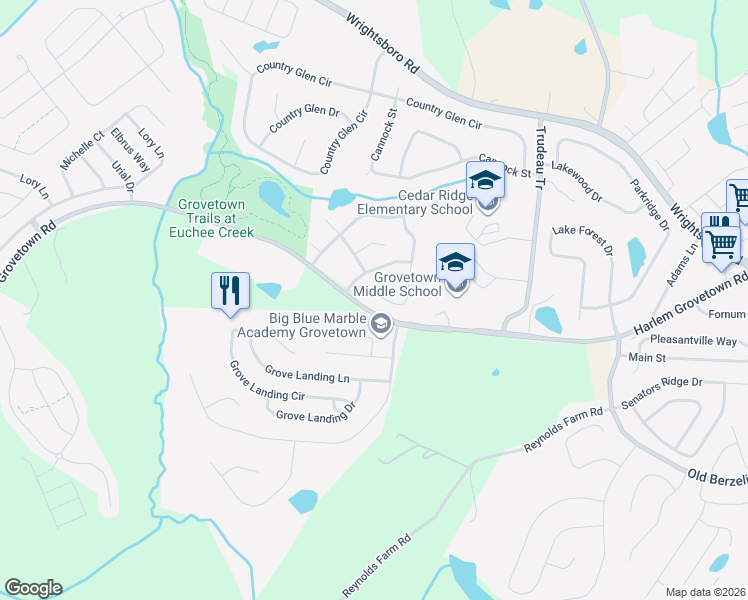map of restaurants, bars, coffee shops, grocery stores, and more near 4043 Rosedale Place in Grovetown