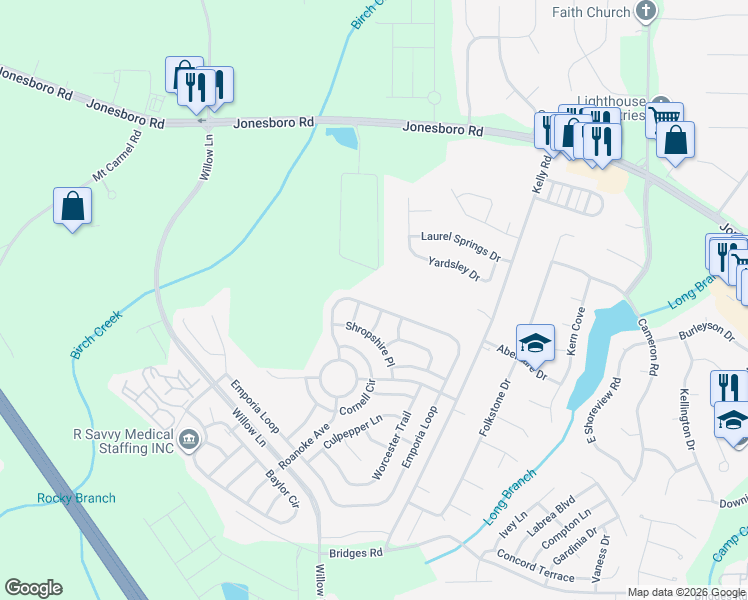 map of restaurants, bars, coffee shops, grocery stores, and more near 205 Emporia Loop in McDonough