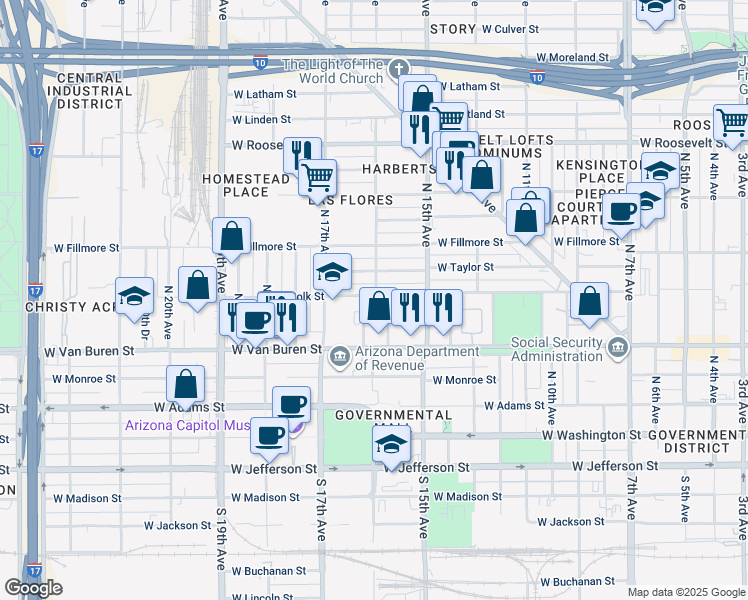 map of restaurants, bars, coffee shops, grocery stores, and more near 1557 West Polk Street in Phoenix