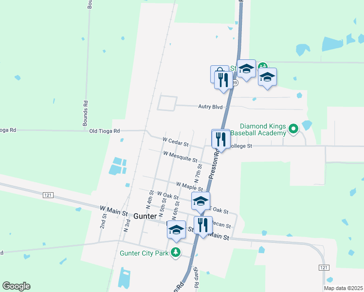 map of restaurants, bars, coffee shops, grocery stores, and more near 307 West Cedar Street in Gunter