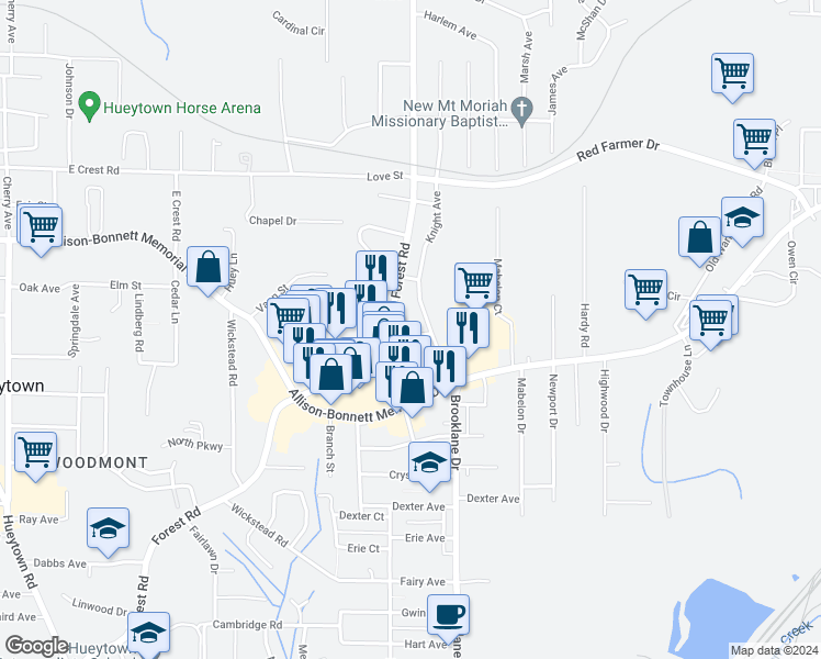 map of restaurants, bars, coffee shops, grocery stores, and more near 103 Alaska Drive in Hueytown