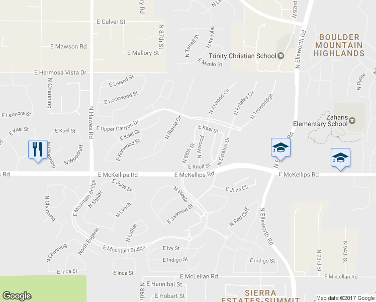 map of restaurants, bars, coffee shops, grocery stores, and more near 2145 North 88th Street in Mesa